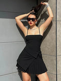 Ebbgo  Fashion Solid Pleated Sling Mini Dress Women Chic Sleeveless Backless Slim Dresses 2024 Spring Summer Casual Party Club Robe