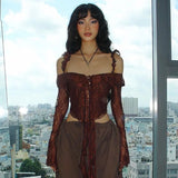 Ebbgo  2024 Women Brown Lace Slash Neck Crop Top Vintage Grunge Flare Sleeve Tee Shirts Sexy Y2k Aesthetic Harajuku Irregular T-Shirts