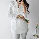 Ebbgo  -  Korean Women's Graceful White Blazers Pants Two Piece Set Office Lady Basic Work OL Outfits Black Jacket Trousers Suit Female