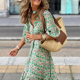 Ebbgo  -  Summer New Floral Print V-Neck Street Boho Dress Fashion Loose Half Sleeve Button Party Dress Women Elegant Slit Ruffles Dresses