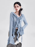 Ebbgo  -  Autumn Women Korean Fashion Design Flare Sleeve Chiffon Shirt Ruffle V Neck Blouse Top Set Aesthetic Clothes