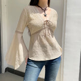 Ebbgo  Elegant Vintage V-neck Mesh Lace Up T-shirts Y2k Grunge Slim Waist Cotton Tops Women 2024 Spring New Flare Sleeve Blouaea