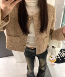 Ebbgo  French Temperament Woolen Cardigan Jacket Women Round Neck Single Breasted Retro Solid Loose Fashion Spring Versatile Chic Coat