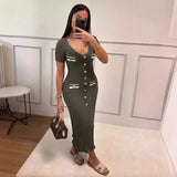 Ebbgo  -  Fashionable Button Slim Fit Elastic Dress For Women Summer Stripes Solid Color Short Sleeved V Neck Long Dress Sexy Street Skirt