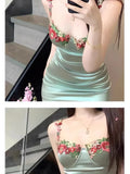 Ebbgo  -  Summer New Sexy Spicy Girl Green Flower Embroidered Hanging Strap Dress Satin Waist Waist Slimming A-line Skirt