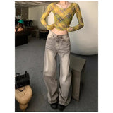 Ebbgo  Grey Jeans Women High Waist American Plus Size Wide Leg Pants 90s Vintage Straight Baggy 2000s Denim Trousers Mom Oversize Pants