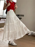 Ebbgo  White Lace Patchwork Skirts Women Fairy Gentle Summer Hollow Out New Casual High Waist Slim Sweet Princess OL