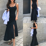 Ebbgo  Black Women Pleated Suspender Dress 2024 Summer Slit Slim Sleeveless Dress Fashionable And Sexy Backless Solid Color Long Skirt