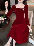 Ebbgo  -  Women Chic A-line Evening Party Dress Korean Elegant Long Sleeve Square Neck Vestidos Female Luxury Spring Clothes Mujers