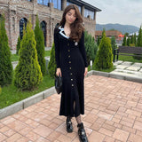 Ebbgo  -  Contrast Knitted Dress Women Elegant Embroidery Lapel Long Sleeve Midi Dresses Autumn Winter Casual Single Breasted Vestido