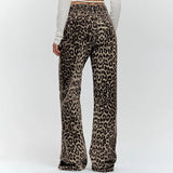 Ebbgo  2024 Leopard Print Low-waisted Wide Leg Pants Women Fashion Loose Pocket Zipper Long Trouser Lady Spring Elegant Streetwear