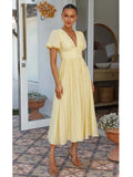 Ebbgo   V-neck Yellow Puff Sleeve Split Solid Summer Women Dress 2024 A-line Maxi Long Sundress Vestido Button Beach Dress Party