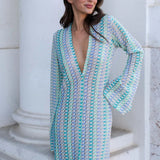 Ebbgo  -  Colorful Striped Women Crochet Knit Long Dresses Maxi Party Dresses Robe Flared Long Sleeve V-neck Sexy Club Funky Beach