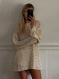 Ebbgo  -  Knitted See Through Mini Summer Dress Women Loose O-neck Long Sleeve Oversized Holiday Short Dresses New Lady Beachwear