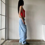 Ebbgo  American Street Retro Pocket Embroidery Jeans Y2k E-Girl All-match Loose Wide Leg Pants Summer New Denim Pants for Women