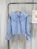 Ebbgo  - Blue Striped Lace Up Shirt for Women Doll Collar Flare Sleeve Lapel Female Blouses Spring Summer Casual Loose Lady Crop Top