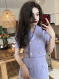 Ebbgo  -  Summer Casual Elegant Blouse Suits Women Purple Vintage Korean Fashion Short Sleeve Shirts +Hight Waist Skirts 2 Pieces Set