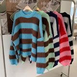 Ebbgo  cWomen's Clothing Korean Stripe Knitting Sweater Round Neck  Long Sleeves Vintage Casual Fashion Baggy Ladies Tops Autumn