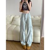 Ebbgo  Women's Street Blue Cargo Pants Vintage Wide Leg High Waist Drawstring Baggy Casual Straight Denim Trouser Ladies Bottoms Summer