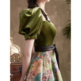 Ebbgo  -  Dinner dresses gala Ball gown green silk puff sleeve princess gown flower Banquet Evening Retro rope H889