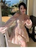 Ebbgo  Elegant Floral Sexy Dress Women Summer Print Party Mini Dresses Casual High Waist Holiday Long Sleeve Korean Fashion Dress