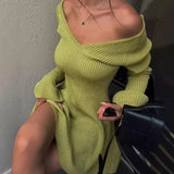 Ebbgo  -  Knitted Off Shoulder V Neck Mini Dress Women's Sexy High Waist Long Sleeve Dress White Knitted Sweater Dress Robe Women