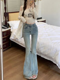 Ebbgo  Korean style Blue Fashion Flare Pants Women Pockets Elegant Denim Pants Female High Waist Casual Slim Pants