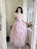 Ebbgo-  Gentle Pink Puff Sleeve Op Dress Floral Wedding Lolita Waist Slimming Bow Tail