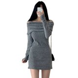 Ebbgo  -  Pure Color Elegant Knitted Dress Woman Bodycon Slim Y2k Mini Dress Casual Party Korean Fashion Long Sleeve Dress Winter