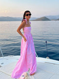 Ebbgo  Print Bandage Backless Maxi Dress For Women Fashion Square Collar Flying Sleeve Dresses 2024 Summer Lady Beach Holiday Robes