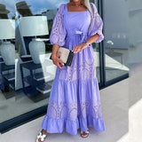 Ebbgo  -  Women Retro Loose Beach Dress Fashion New Lace Patchwork Ladies Elegant Dress Temperament Square Collar Tie-Up Ruched Maxi Dress