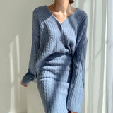 Ebbgo  -  Fried Dough Twists V-neck Knitted Cardigan Sweater Slim Skirt Two Piece Elegant Women's Dress Set Party Sexy Dress