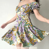 Ebbgo  -  Summer New Large French Retro Oil Painting Flower Bubble Sleeves Short Sleeved Dress with Back Strap Short Skirt