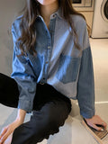 Ebbgo  -  Casual Shirt Women Contrast Loose Turndown Collar Fashion Big Pocket Top Female Spring New Chic Korean Shirts Lady