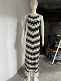 Ebbgo  -  Striped Knitted Tassels Long Dress For Women Sleeveless Contrasting O-neck Bodycon Holiday Dresses Female Spring Streetwear