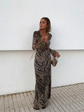 Ebbgo  -  Sexy Hollow Out V-neck Lace Up Party Dress Women Chic Striped Long Sleeve Split Midi Dresses Summer Lady Casual Club Gowns