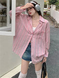 Ebbgo  Pink Shirts Stripes All Match Streetwear Women Spring Lazy Style Chic Loose Fashion New  Office Lady Casual