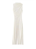 Ebbgo  -  Pleated Sleeveless Long Dresses Women Elegant Solid Bodycon Turtleneck  Hip Package White Dress Summer Evening Party Robe