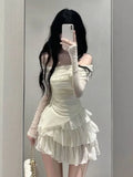 Ebbgo  Two Pieces Set Slash Neck Solid Pleated Slim Irregular Women T-shirt + Y2k Aesthetic Fashion Chic Sweet Layered Ball Gown Skirts