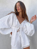 Ebbgo  -  Casual Loose Pajamas Set Lantern Sleeve Shirt Suits Summer Cotton Shorts Ruffles Lace Up Tops Two Piece Sets White Outfits