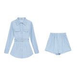 Ebbgo  -  Two Piece New Stripe Slim Women Dress Sexy Sweet Casual Long-Sleeved Dress Woman Blue Street Chicly Shorts Suit