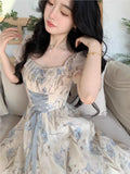 Ebbgo  -  Korean Fashion Lace Fairy Midi Dress Summer Kawaii Puff Sleeve Princess Evening Party Vestidos Women Casual Lolita Dress