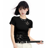 Ebbgo  -  Elegant Round Necked Short Sleeved T-shirt Summer New Chinese Style Chic Design Printed Tops Women Casual