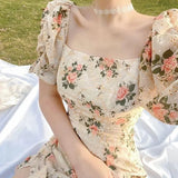 Ebbgo  -  New Fairy Long Dress French Tea Break Design Sense Small Square Collar Bubble Sleeve Floral Skirt Summer