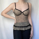 Ebbgo  Vintage Fashion Y2K Mesh Top Leopard Lace Spliced Ruffles Transparent Sexy Camisole Tops Summer Women Clubwear Ruched