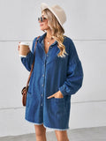 Ebbgo   Lantern Sleeve Oversized Denim Dress Women 2024 Spring Pockets Casual Single Breasted Raw Hem Streetwear Mini Dresses