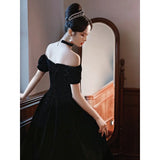 Ebbgo  -  Prom dresses gala ball dress black off-Shoulder velour dinner party evening gown black H221