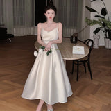 Ebbgo  French style White Satin Sling Dress Sexy Meeting Formal Dress  For Women's High Sense Birthday Luxury Party Little Dress