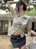 Ebbgo  Vintage Women Shirts Korean Flower Striped V Neck Flare Short Sleeve  Summer New Chic Ladies Blouse Sexy Elegant Tops Casual