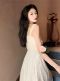 Ebbgo  2024 NewMori First Love A-line Dress Elegant Fairy Beige Halter Dress Summer French and Sweet and Spicy Long Skirt